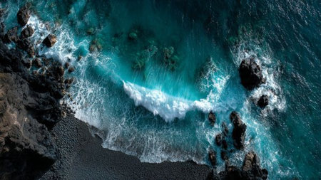 Aerial view of a beautiful turquoise ocean waves breaking on volcanic rocksの写真素材