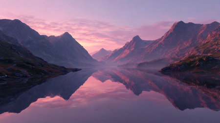 Fantastic sunrise in the mountains reflected in the water of a lake