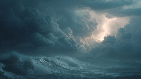 Stormy sea with big stormy waves, 3d render illustration