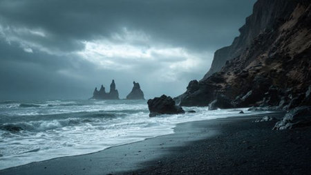 Black sand beach at Reynisfjara, Iceland. Toned.