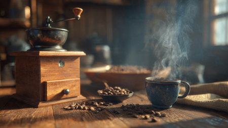 Coffee grinder and cup of coffee on a wooden tableの写真素材