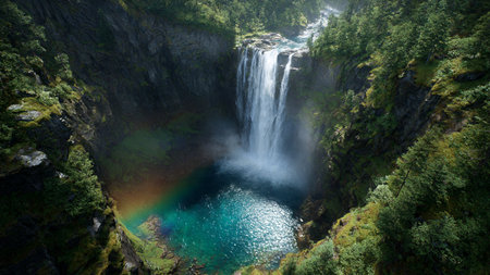 Panoramic view of a waterfall in the mountains of Norway.