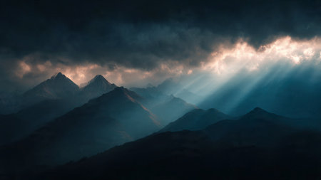 Mountains in the clouds. Sunrise in the mountains. Landscapeの写真素材
