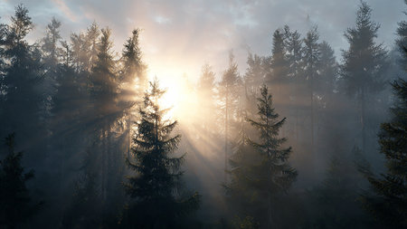Foggy morning in the coniferous forest. Sun rays through the trees.