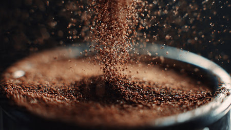 Close-up of ground coffee being poured into a coffee filter.の写真素材