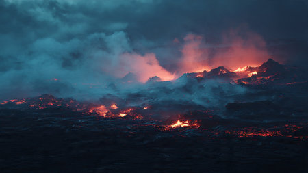 Fire and smoke in the night. View of the eruption of the volcano.