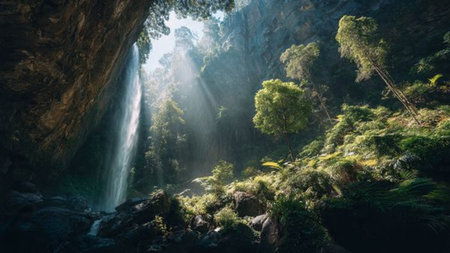 Beautiful view of a waterfall in the mountains of New Zealand.