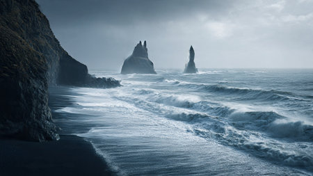 Famous Reynisfjara black sand beach in Vik, Iceland