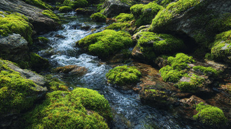 Moss on the rocks in the river. Beautiful nature background.の写真素材