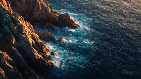 Aerial view of a rocky coast in the Mediterranean Sea at sunset