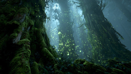 Foggy forest in the rainforest. 3D Renderingの写真素材