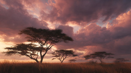 African savannah with acacia tree at sunset - 3D render