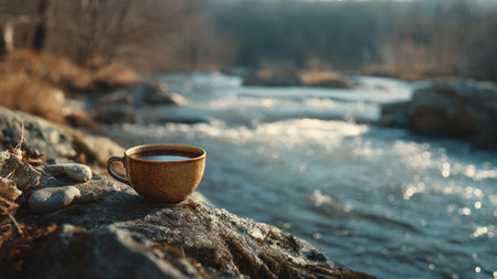Cup of coffee on the background of a mountain river. Selective focus.の写真素材