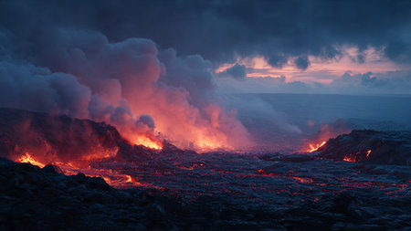 Volcanic eruption in Hawaii Volcanoes National Park at sunsetの写真素材