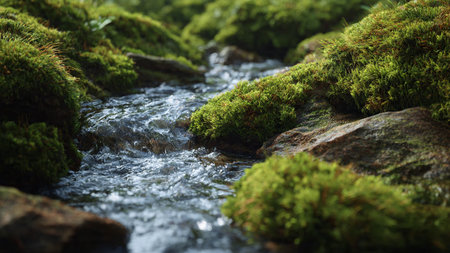 Moss on the rocks in the mountain stream. Shallow depth of field