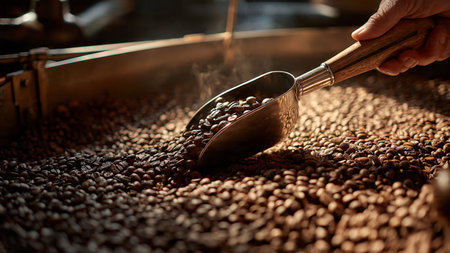 Coffee beans being roasted in a coffee roasting machine.