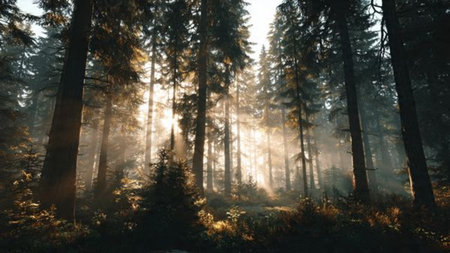 Foggy morning in the coniferous forest, 3d renderの写真素材