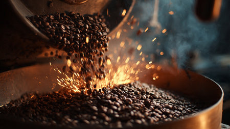 Coffee beans being roasted in a roasting machine, close up