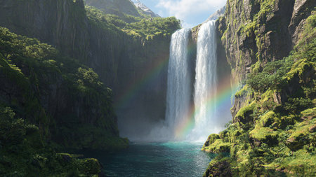 Rainbow over Milford Sound, South Island, New Zealand.