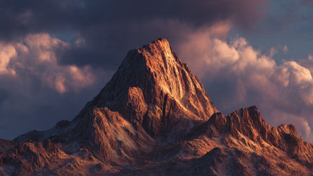 Mountain peak at sunset. Computer generated 3D photo rendering.
