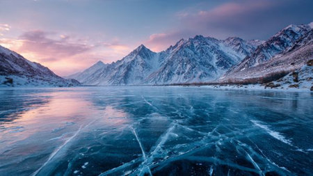 Panorama of Lake Baikal in winter at sunset, Russiaの写真素材