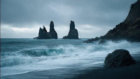 Black sand beach at Reynisfjara, Iceland. Toned.