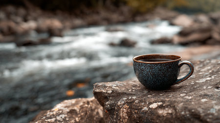 Coffee cup on stone with mountain river background. Selective focusの写真素材