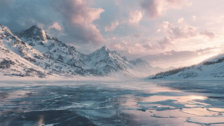 Beautiful winter landscape with frozen lake and snow-capped mountainsの写真素材