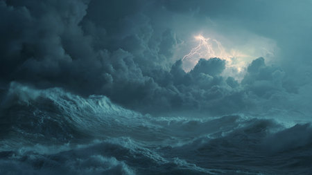 Stormy sky with lightning and stormy sea. 3D rendering