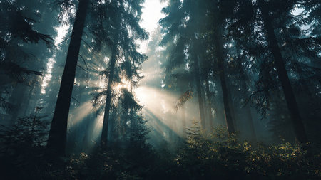 Mysterious foggy forest with sun rays shining through the trees
