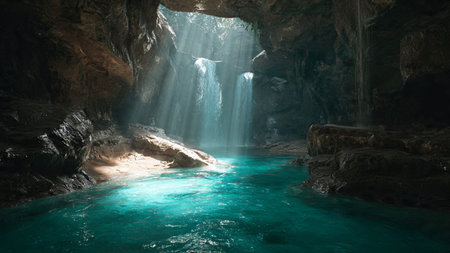 Beautiful view of the waterfall in the cave, Krabi, Thailand