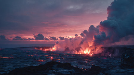 Kilauea volcano eruption at sunset, Hawaii, USA.の写真素材