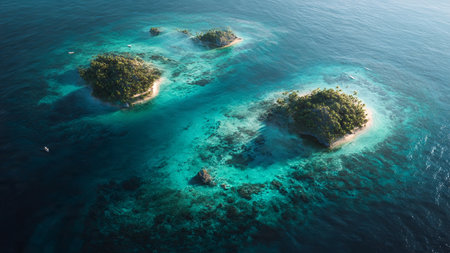 Aerial view of tropical island with coral reef and turquoise sea