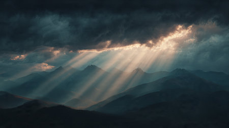 Sunbeams shining through the clouds in the mountains.