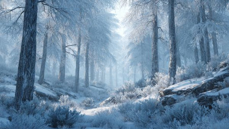 Foggy winter landscape in the forest. Panoramic view.
