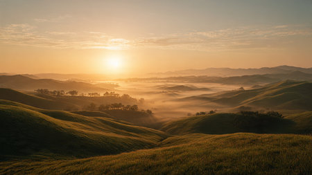 Landscape of sunrise in the morning with fog in the valley.