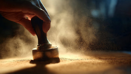 Close up of a hand stamping a rubber stamp on a wooden surfaceの写真素材