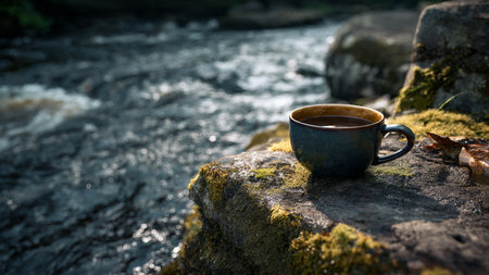 Cup of hot tea on a stone by the river in the forestの写真素材