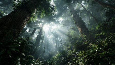 Beautiful tropical rainforest with sunbeams in the morning.