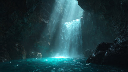 Underwater cave with light rays coming through the water. 3d renderingの写真素材