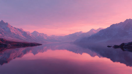 Fantastic sunset over the lake with mountains reflected in the waterの写真素材
