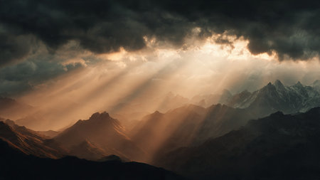 Sunbeams shining through the clouds in Himalaya mountains, Nepalの写真素材