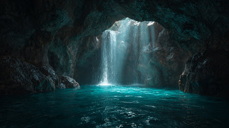 Cave and waterfall. 3d rendering.
