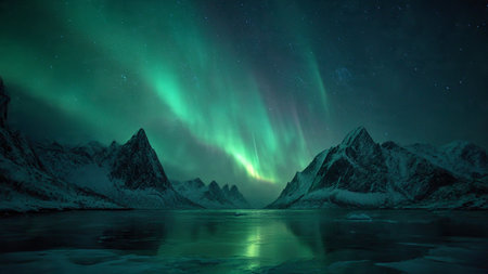 Aurora borealis, northern light over snow covered mountain peaks