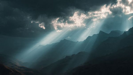 Sunbeams breaking through the clouds over a mountain range, 3d renderの写真素材