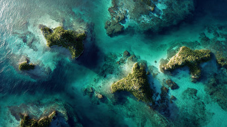 Aerial view of coral reef and tropical sea. Top view.