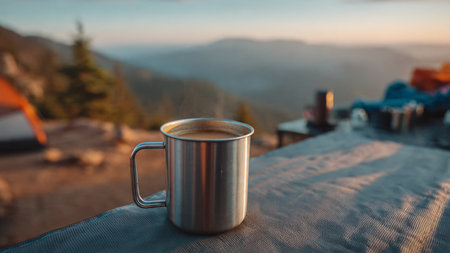 Cup of coffee on the table near the tent in the mountainsの写真素材