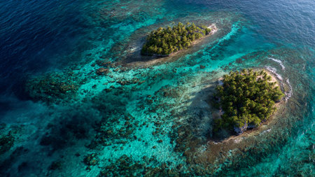 Aerial view of tropical island with coral reef and turquoise sea