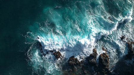 Aerial view of the ocean waves breaking on the rocky shore.の写真素材