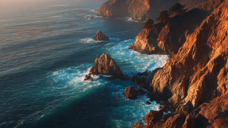 Aerial view of the Pacific coast at sunset, California, USAの写真素材